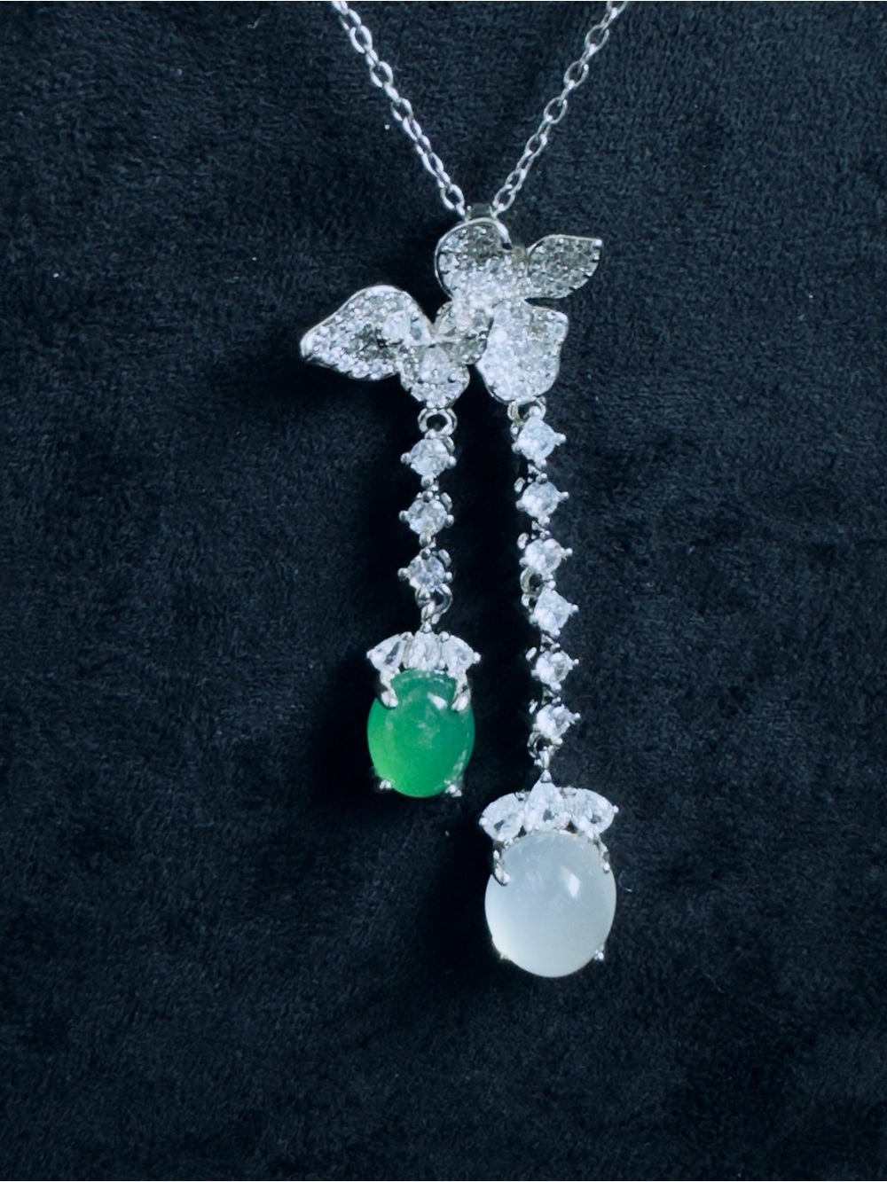 Sterling Silver Drop Necklace with Green and White Gemstones